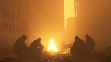 Survivors' Vigil: Gathering Hope in a Dystopian Urban Park Under a Flickering Fire-Lit Sky | Cinematic Light & Unity Amidst Desolation