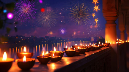 A Vibrant Scene of Colorful Fireworks Illuminating the Sky with Diyas Glowing Warmly in the Foreground