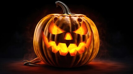 Glowing jack-o-lantern with a carved spooky face illuminating the dark night background beautifully