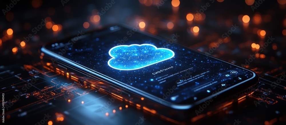 Poster a smartphone displaying a glowing cloud symbol on a circuit board background.