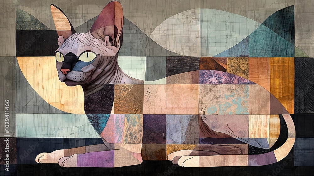 Poster a painting of a cat sitting in front of a half moon and half circle pattern on its back