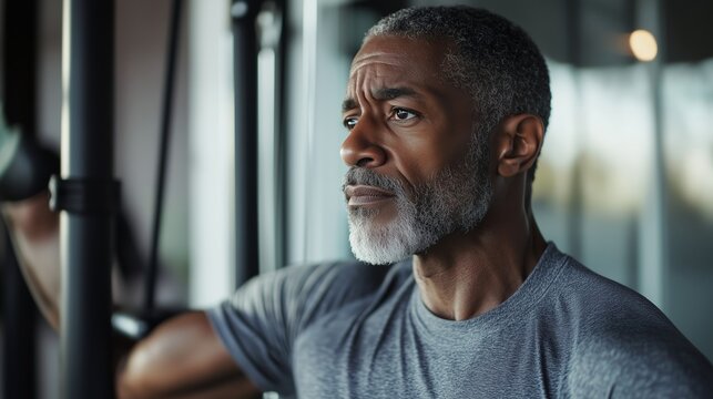 Focused older man in workout attire engages in strength training at a modern gym during the afternoon