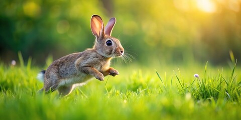 Playful bunny hopping through lush field
