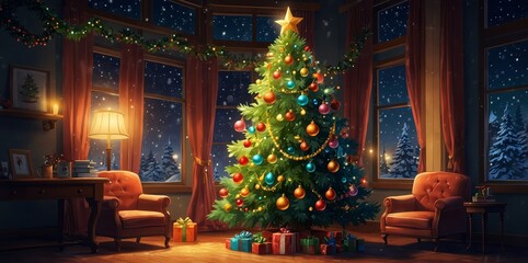 Merry Christmas Poster With Christmas Tree Ornaments