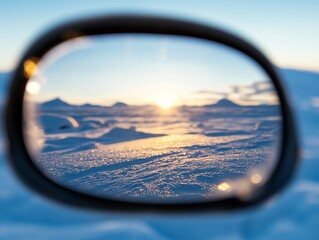 Reflection in a side mirror of a serene snowy landscape at sunset.
