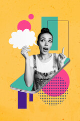 Vertical composite artwork collage image picture of girl smart phone screen dialogue mind bubble...