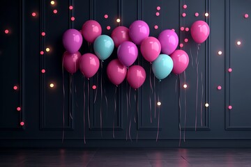 Colorful balloons in a festive arrangement against a dark wall