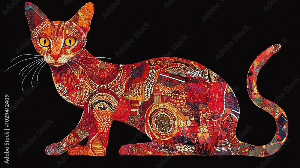 Poster a picture of a multicolored cat with patterns against a black backdrop