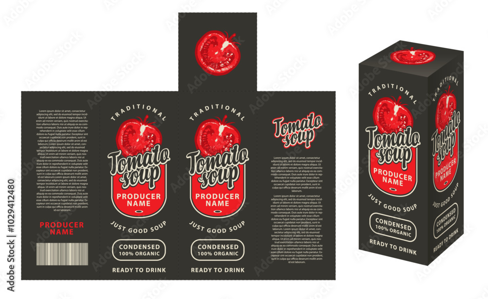 Aufkleber vector mockup template of cardboard packaging box for tomato soup with realistic pattern of half tom