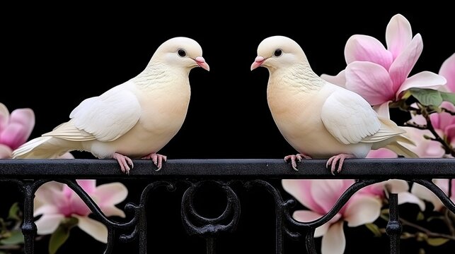 Two serene white doves perched on an iron fence amidst vibrant pink magnolia blooms in a tranquil springtime garden