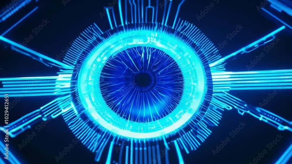 Poster Technology and science concept with cyber eye and circuit board depicting development of artificial intelligence or ai