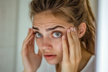 Fototapeta premium Eye Bags: Exhausted Woman in Bathroom Looking at Swollen Tired Eyes in Mirror