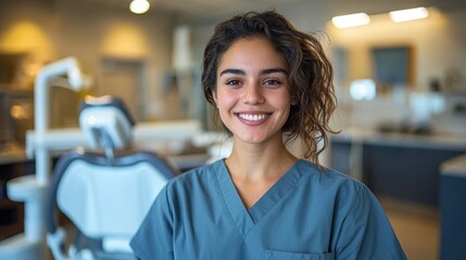 Fototapeta premium Smiling young dental professional in scrubs poses confidently in a bright modern clinic during a daytime appointment
