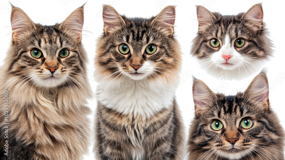 Poster joyful gathering of smiling cats on a white background generative ai