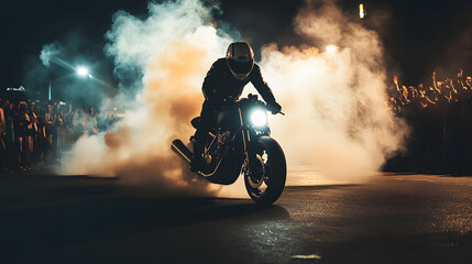 A motorcycle performing a burnout at a nighttime street race with smoke billowing from the tires...