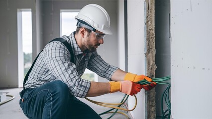 Electrician Installing Cables in a New Home Build