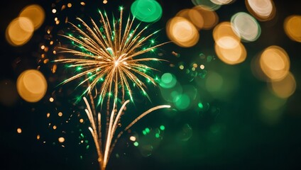 Fototapeta premium Vintage gold and green Fireworks and bokeh in New Year eve and copy space. Abstract background holiday 