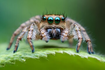 Macro image of a jumping spider on a green leaf