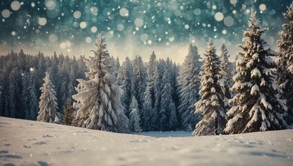 Naklejka premium Winter landscape with snow and fir trees as vintage christmas wallpaper,colourful