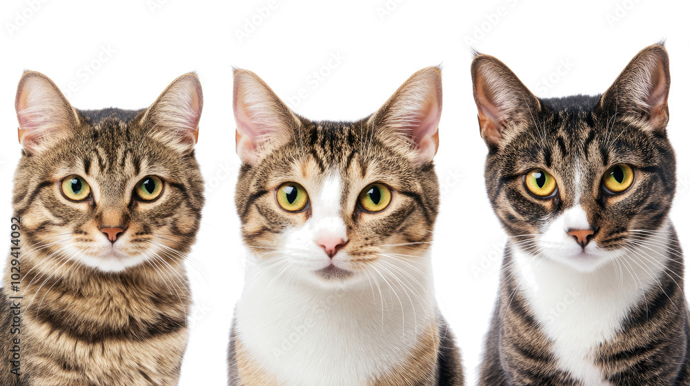Poster three happy cats with joyful expressions against a white background generative ai