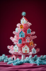 A cute pastel pink Christmas tree decorated with colorful houses against a burgundy  background.Minimal creative Christmas concept.Copy space,flat lay   