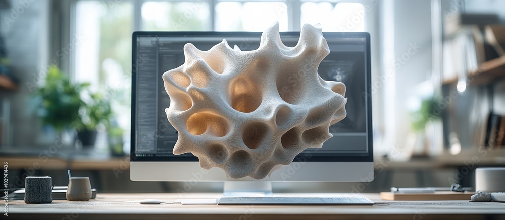 Fototapete a 3d organic structure floating above a computer monitor in a creative workspace.