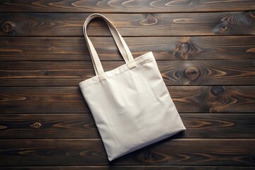 Pristine white tote bag on a dark wooden table