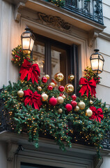 Fototapeta premium Christmas decorations adorn the front of the house, featuring red and gold ornaments hanging on the windowsill alongside a green wreath, all set against a snow-covered garden landscape.