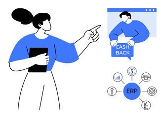 A business professional holds a tablet and points towards a man on a screen holding a cashback sign. Various ERP-associated icons surround. Ideal for business strategies, financial solutions
