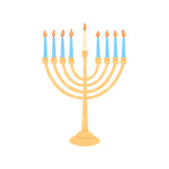 Hanukkah menorah isolated. Traditional Jewish chanukiah candle holder with nine lit candles on white background. Festival of lights symbol flat vector illustration