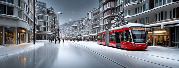 A charming tram makes its way through the snowy streets of Istanbul, where people stroll amidst a...