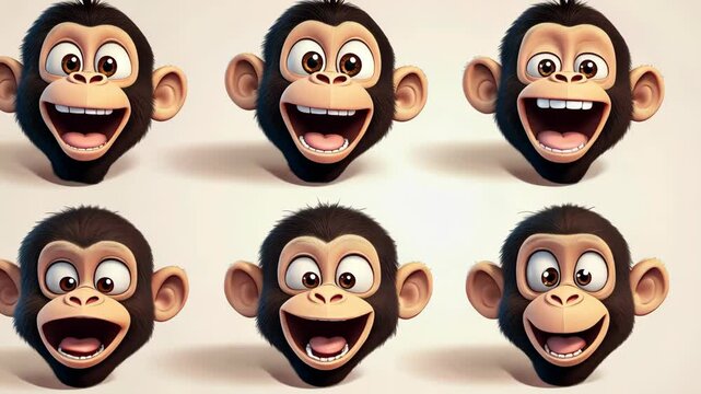 Six animated monkey faces with various expressions, from smiling to surprised, are shown in this image