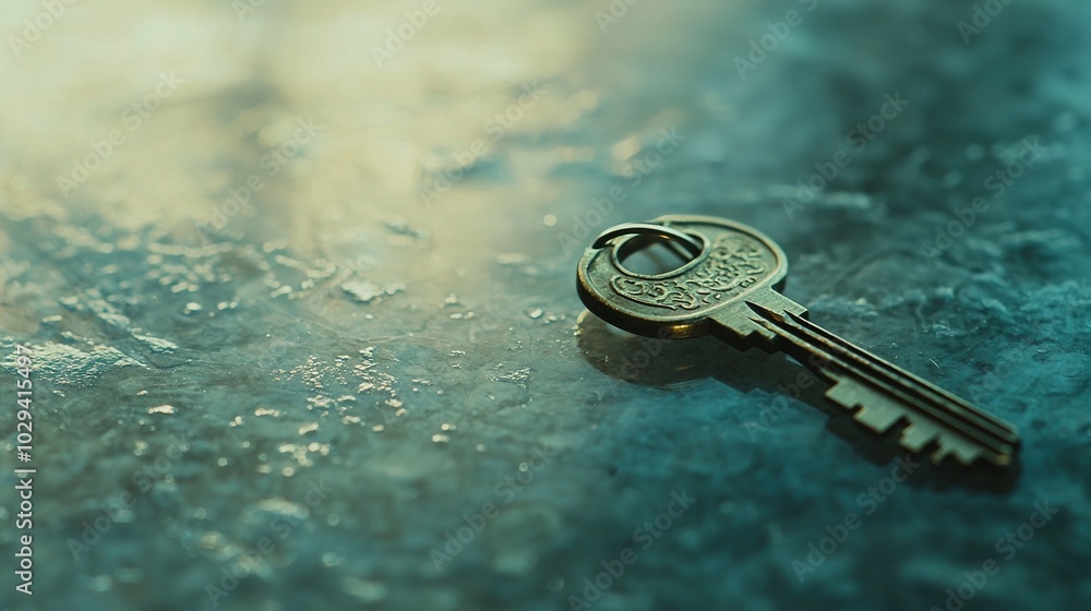Poster a close-up of keys on a surface with water droplets and blurred background