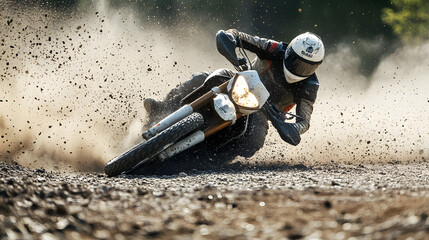 A motorcycle rider losing control and tumbling through the gravel runoff area their bike spinning out behind them.