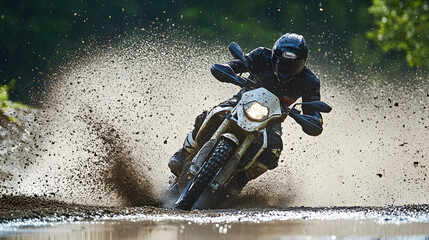 A motorcycle rider losing control and tumbling through the gravel runoff area their bike spinning...