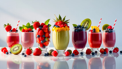 collage of different fresh smoothies from berries and fruits
