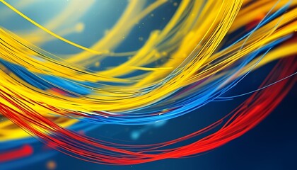 Abstract image with swirling lines in yellow, blue, and red on a dark background