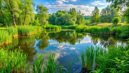 Obraz premium Quiet forest pond surrounded by greenery