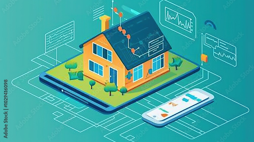 Poster a digital illustration of a smart home concept, featuring a house on a tablet with data visualizatio