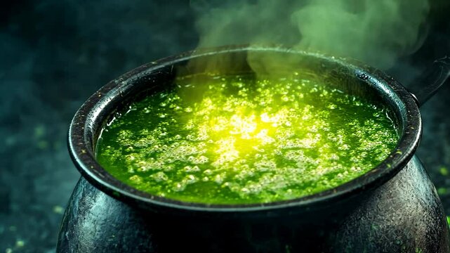 A cauldron of bubbling green liquid steams in the darkness, hinting at a magical potion in the making