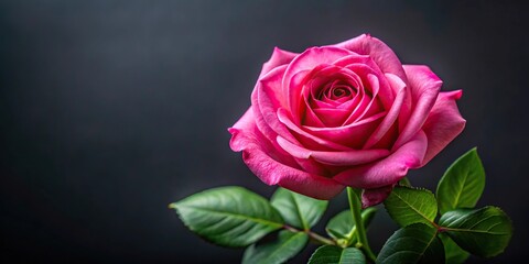 Fototapeta premium Radiant pink rose with green leaves on dark background extreme close-up