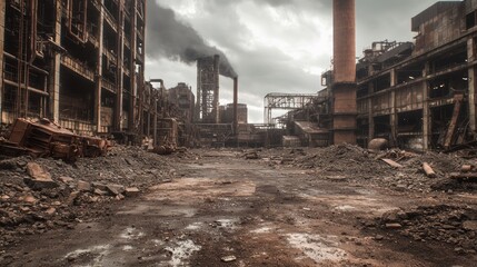 Fototapeta premium Forgotten Society: Eerie Dystopian Landscape of Abandoned Industrial Complex under Stormy Skies with Cinematic Lighting