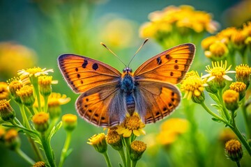 Fototapeta premium Lesser Fiery Copper Butterfly Feeding on Tormentil Flowers in Long Exposure