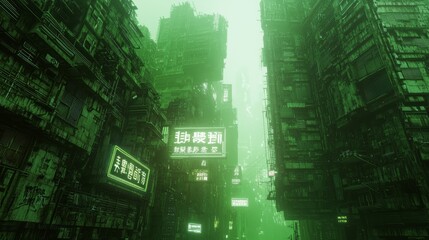 Desolate Cityscape of a Decaying Dystopian Society with Neon Lights Glowing in Misty Silence, Cinematic Lighting Creating an Eerie Atmosphere