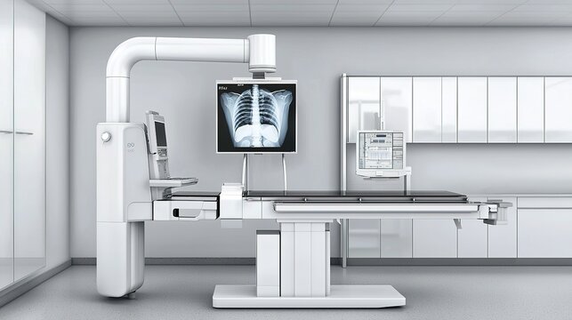 A modern medical room featuring an X-ray machine with a digital display, designed for diagnosing and analyzing patient health conditions.