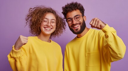 Young adults in matching yellow sweaters celebrate joyfully against a purple background during a bright daytime moment