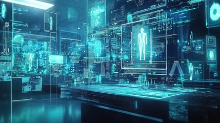 A futuristic digital environment filled with holographic displays and advanced technology, showcasing intricate data processing and visualization.