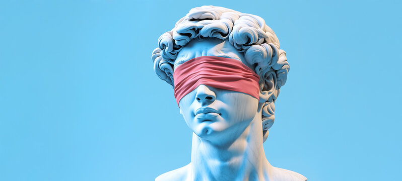 Sculpture of David with a blindfold on a blue background