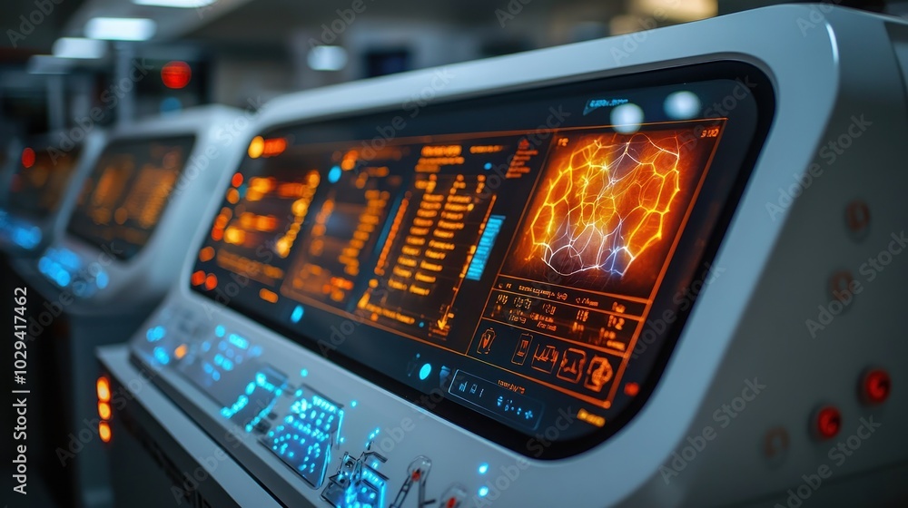 Poster futuristic control panel with glowing interface and data displays.