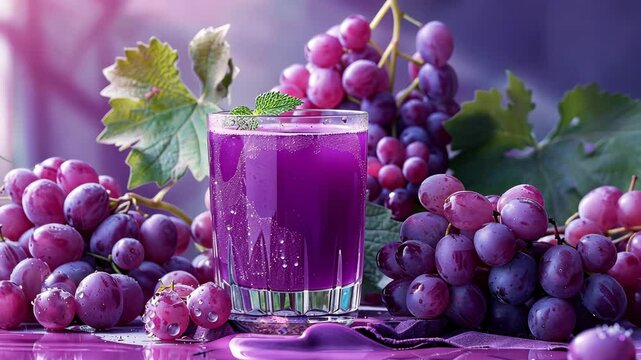 A glass of grape juice sits beside a cluster of grapes